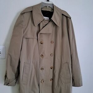 London Fog Mens Maincoats Trench Coat Tan Khaki Double Breasted Long Size 46L